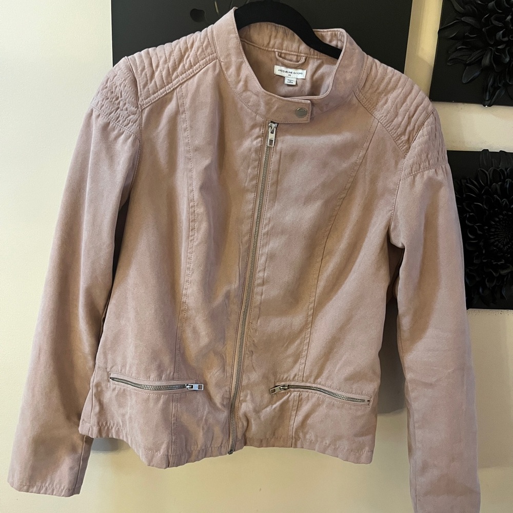 Pale pink faux suede Moto bomber jacket.